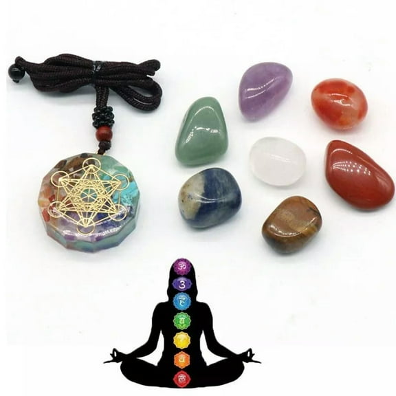 K-KED 7 Chakra Natural Tumbled Stones Healing Gravel Gemstone Resin Pendant Reiki Set-default