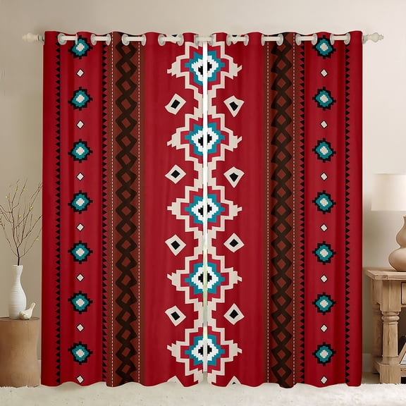 Homewish Retro Boho Aztec Black Out Curtains,Vintage Striped Rhombus Curtains Pack of 2 (42x63 Each),Red Cyan Beige Bedroom Curtains For Adults,Super Cozy Room Decor