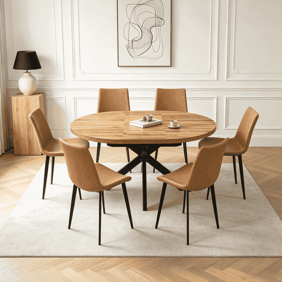 43.2"-59.2" Extendable Round Dining Table Set for 4-6,7 Piece Mid Century Modern Round Kitchen Table Set with 6 Upholstered Chairs for Kitchen Living Room, Space Saving