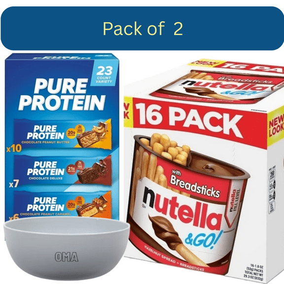 Nutella & GO! Hazelnut and Cocoa Spread   Breadsticks, 1.8 oz., 16 pk. & Pure Protein Bars Gluten Free, Chocolate Variety Pack, 23 ct. with bowl by OMA