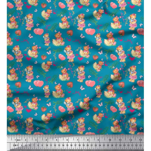 Soimoi Blue Rayon Crepe Fabric Balloon & Teddy Bear Kids Print Sewing Fabric Yard 46 Inch Wide