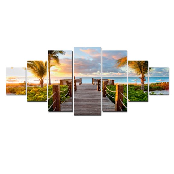 Startonight Huge Canvas Wall Art Summer Bridge Beach I, USA Large Home Decor, Dual View Surprise Artwork Modern Framed Wall Art Set of 7 Panels Total 39.37 x 94.49 inch