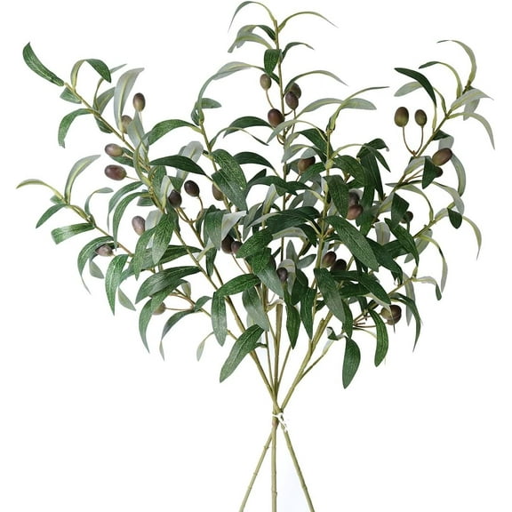 28" Artificial Olive Branches Fake Fruits Leaves Green Plants for Office Crafts Room Decoration,Pack of 3