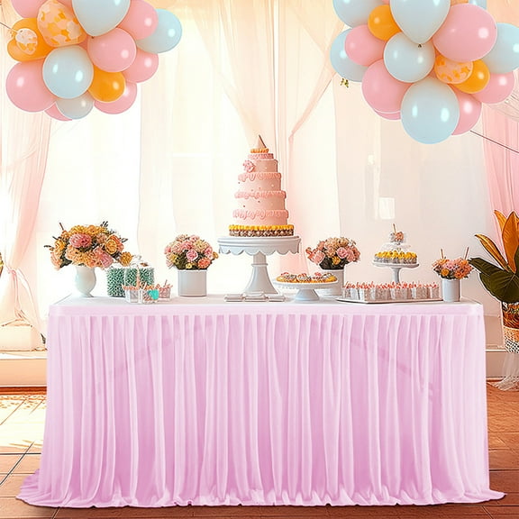 Tunhigl Elegant White Tulle Table Skirt for Weddings & Parties - Extra Long Recyclable Transparent Tablecloth with Ruffled Design for Banquet and Birthday Table Decor Pink