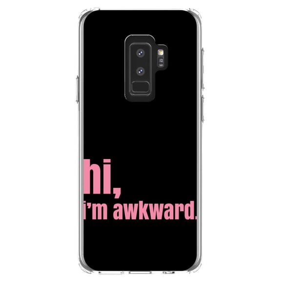 DistinctInk Clear Shockproof Hybrid Case for Samsung Galaxy S9  PLUS (6.2" Screen) - TPU Bumper, Acrylic Back, Tempered Glass Screen Protector - Black Pink "hi, I'm awkward."