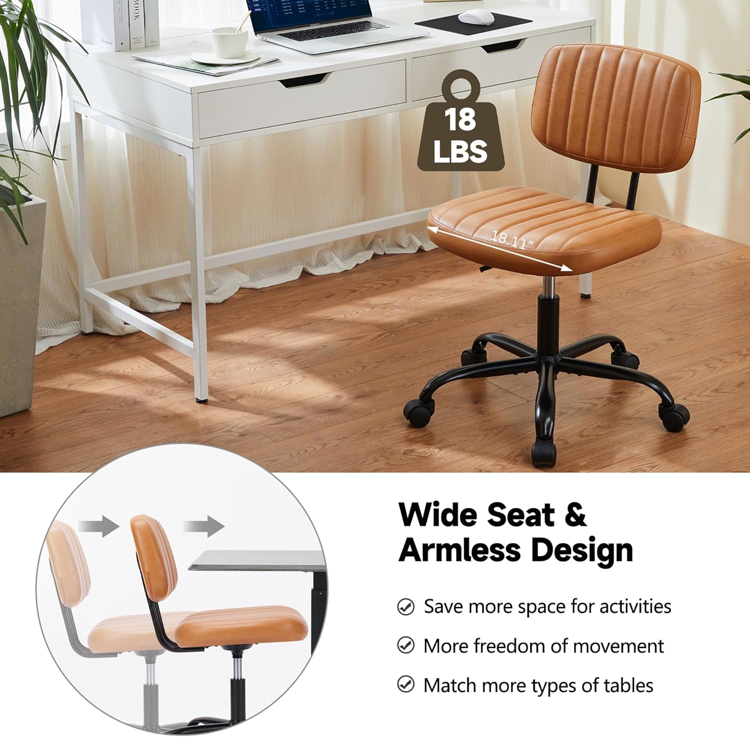 ENYLAY Small Armless Home Office Desk Chair, Ergonomic Cute Chair PU Leather with Adjustable Swivel Rolling Comfy Task Study Chair with Lumbar Support for Adult and Student, Bedroom (Brown)