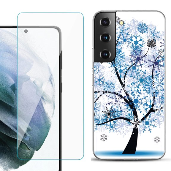 Slim-Fit TPU Fashion Phone Case for Samsung Galaxy S22 5G, with Tempered Glass Screen Protector, by OneToughShield ® - Snowflakes Tree