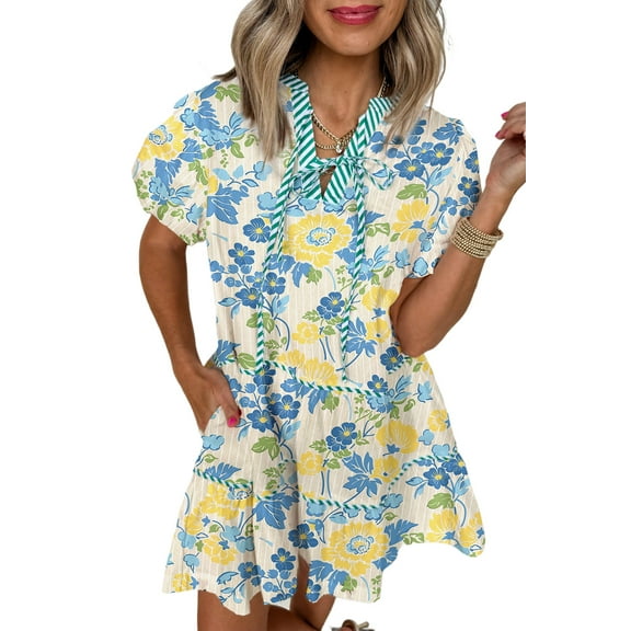 Women's Blue Floral Short Sleeve Dress with Striped Trim and V Neck | [ZhiHiMeRi] | (US 12-14)L