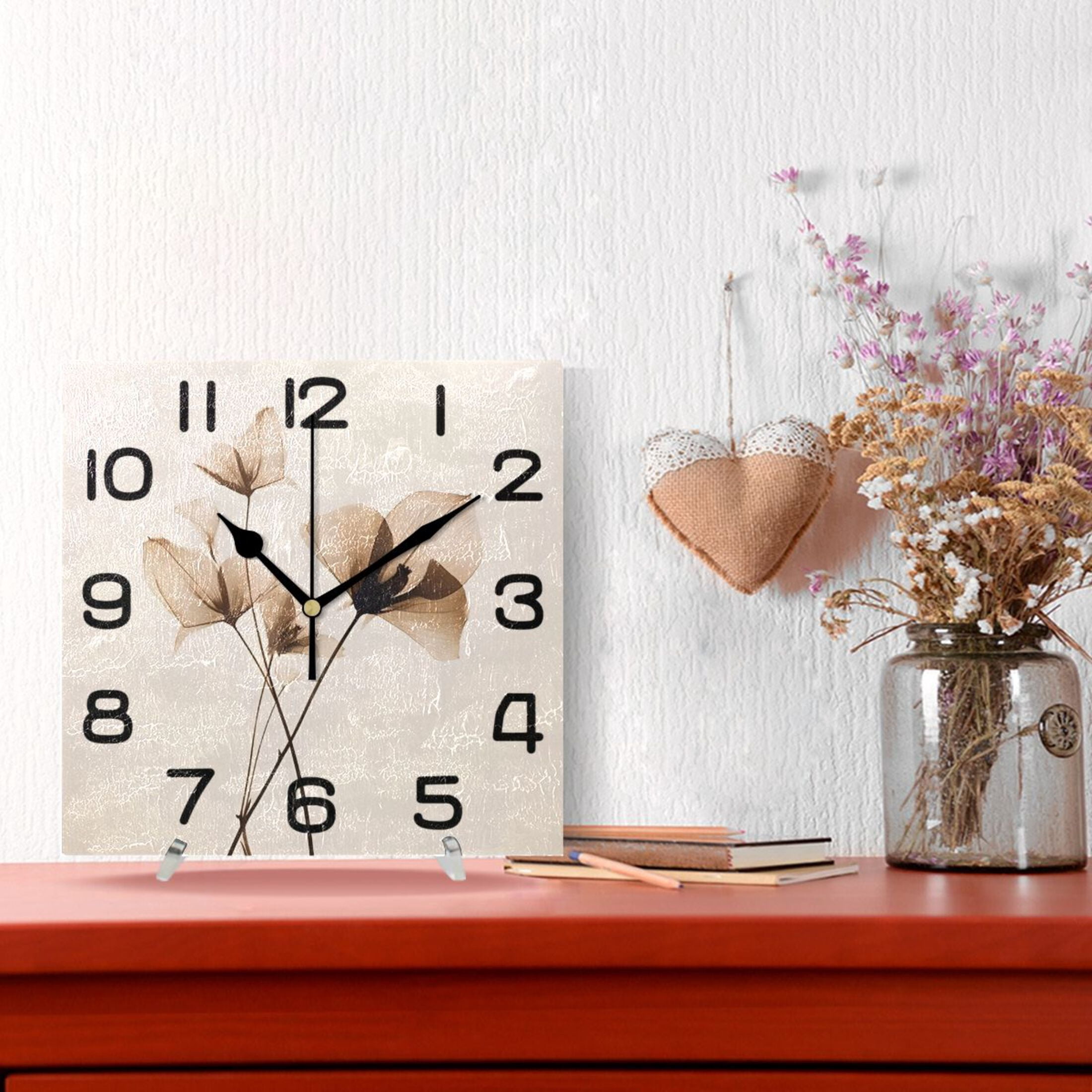Wall Clock Square Silent Non-Ticking Art Plant Retro Battery Operated Clock 7.78 inch Home Kitchen Office Decoration