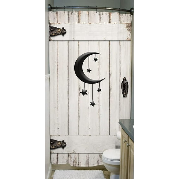 Country Barn Door Shower Curtain Rustic Wooden White Wood Islam Crescent Moon and Star for Travel Trailer Camping Theme Motor RV Bathroom Stall Shower Curtain Set, Small Size 36X72