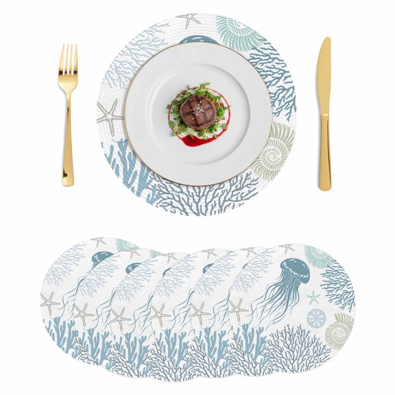 Blue Jellyfish Coastal Round 13 Inch Placemats Set of 6, Summer Beach Nautical Coral HeatResistant Non Slip Place Mats for Dining Table, Wipeable Braided Kitchen Table Mats for Housewarming