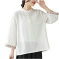 thumbnail image 2 of Nrmvnmi Women Summer Solid Color 3/4 Sleeve Chinese Blouse Top Traditional Mandarin Collar Ethnic Cotton Linen Qipao Shirt Mothers day Gifts for Wife, 2 of 5