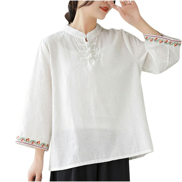 Nrmvnmi Women Summer Solid Color 3/4 Sleeve Chinese Blouse Nrmvnmi Women Summer Solid Color 3/4 Sleeve Chinese Blouse