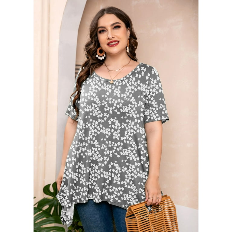 SHOWMALL Plus Size Tunic Tops for Women Clothes Short Sleeve Grey Sakura 3X  Summer Blouse Swing Tee Crewneck Clothing Flowy Shirt for Leggings