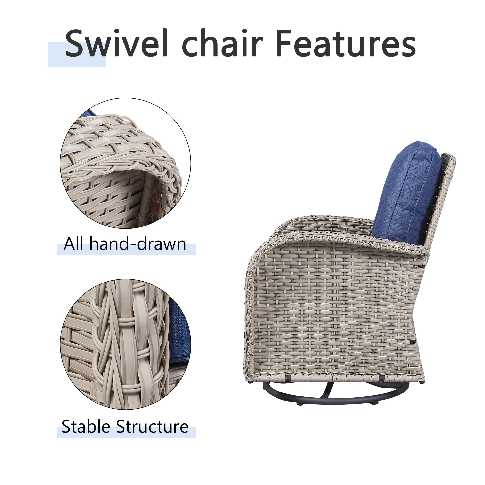 PARKWELL 3 Pieces Outdoor Swivel Gliders Rocker Set,High Back Wicker Patio Chairs with Side Table,Light Gray Rattan Deep Seating Furniture with Non-Slip Navy Cushion for Porch Deck Backyard