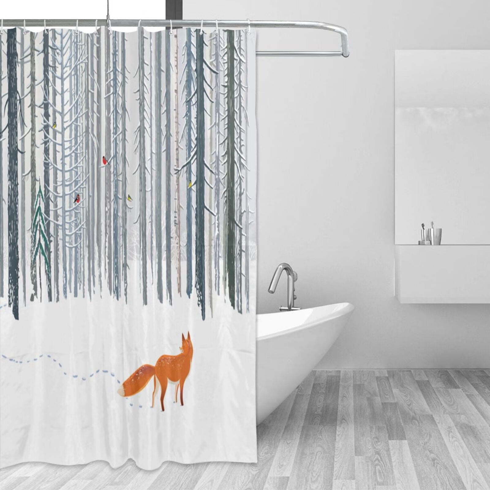 JOOCAR Winter Forest Shower Curtain for Bathroom, Snow Covered Pine Trees  Winter Season Animal Red Fox and Cardinals Idyllic Seasonal Scenery Fabric
