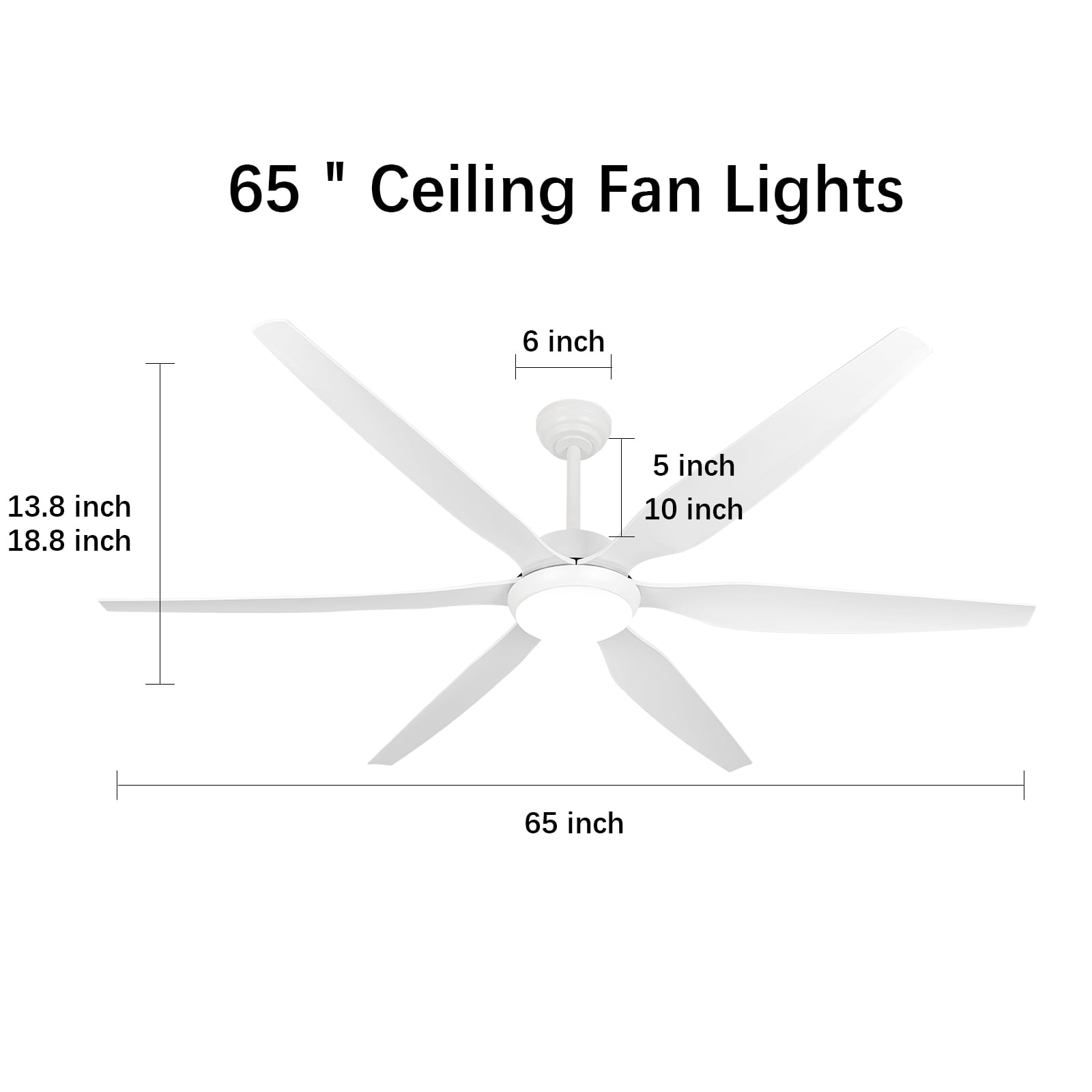 Wozzio 65 inch Ceiling Fan with Light and Remote, 3CCT Dimmable LED Light, 6 White ABS Blades, Indoor & Outdoor