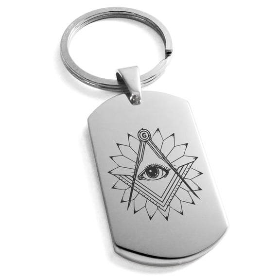 Stainless Steel Freemasons Masonic Lotus All Seeing Eye Engraved Dog Tag Keychain Keyring