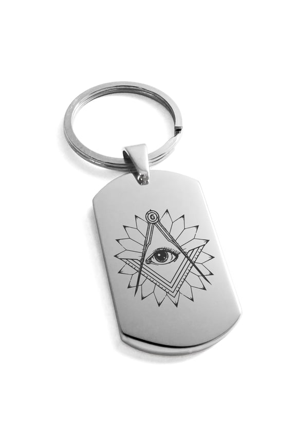 Stainless Steel Freemasons Masonic Lotus All Seeing Eye Engraved Dog Tag Keychain Keyring
