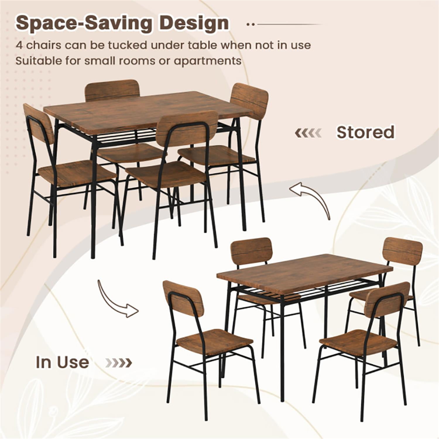 Demi Bonn 5-Piece Dining Table Set with 4 Chairs, 43" Kitchen Table with Metal Frame and Storage Rack, Perfect for Small Space, Brown
