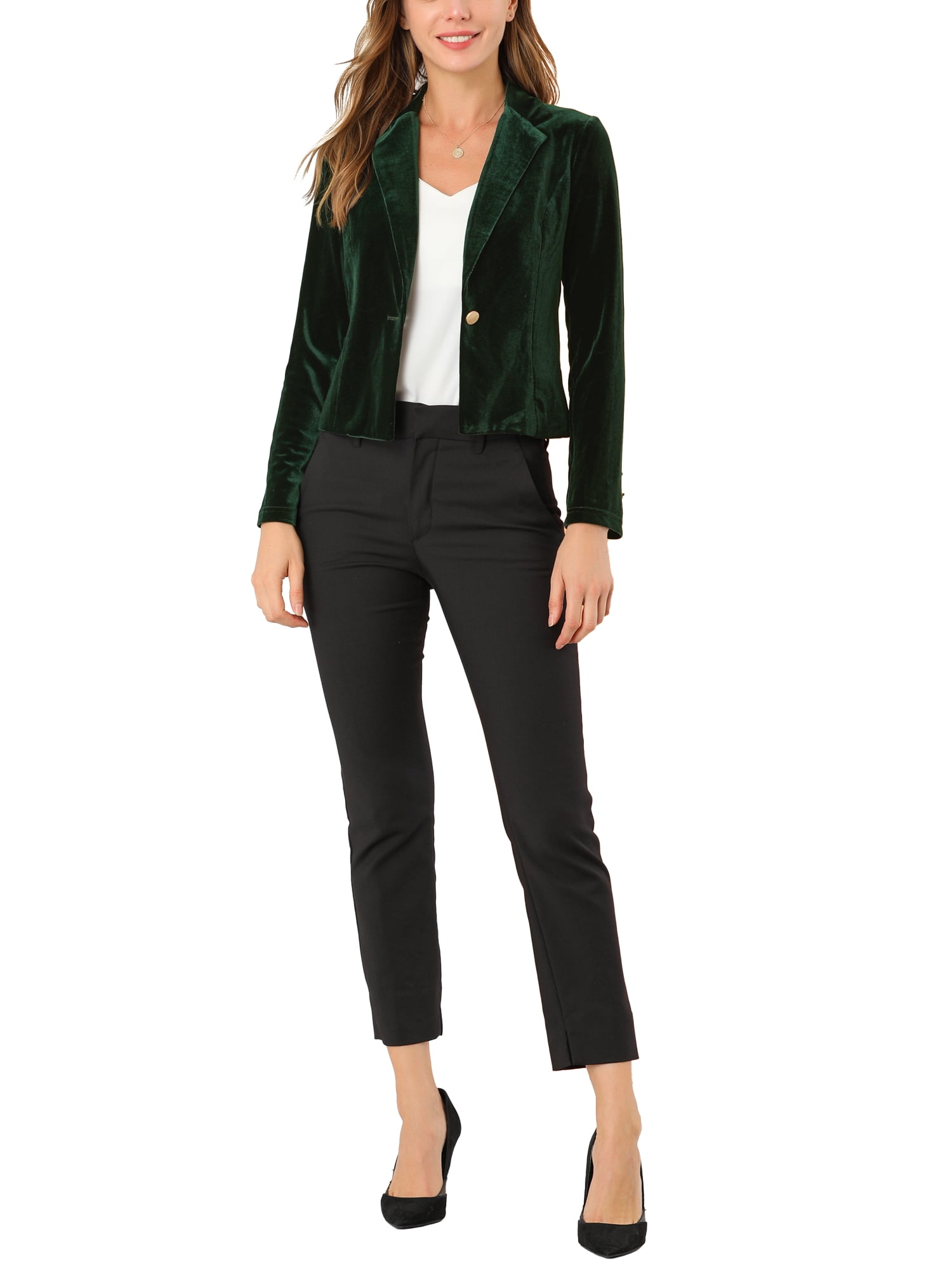 DARING DIVA Women's Button Front Velvet Blazer Lapel Crop Suit Jacket XL Green