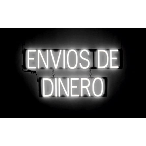 SpellBrite ENVIOS DE DINERO LED Sign for Business. 31.0" x 15.0" White ENVIOS DE DINERO Sign Has Neon Sign Look With Energy Efficient LED Light Source. Visible from 500+ Feet, 8 Animation Settings.