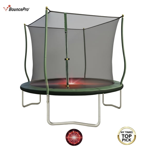 BouncePro 10ft Trampoline Meets ASTM Safety Standards, Heavy-Duty Rust-Resistant Steel Frame, UV-Resistant Jump Mat, Safety Net & LED Flashing Undermat Light