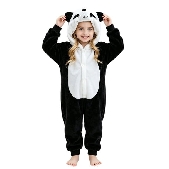 Coerni Girls Animal Onesie Soft Fleece Hooded Romper Cute Cartoon Bear/Panda/Tiger/Penguin Kids Fall Winter Warm Bodysuit Halloween Dress Up
