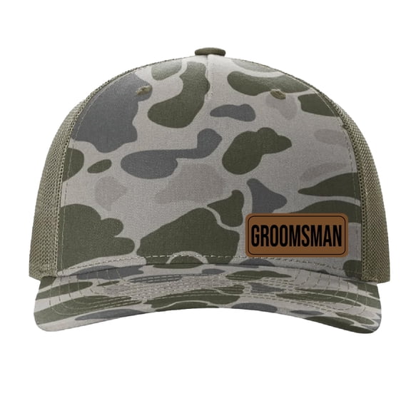 Groomsman Vegan Leather Patch Cap, Richardson 112, Richardson Hat, Groomsman Hat, Groomsman Dad Hat, Richardson Cap, Wedding Party Hats (Marsh Camo)