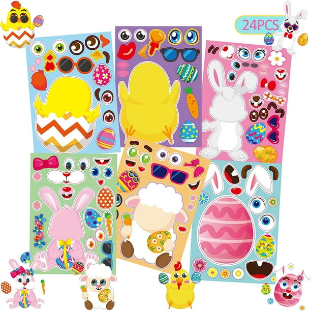 Pegatinas HUOGUO para hacer caras de Pascua, 24 hojas para niños con 6 estilos
