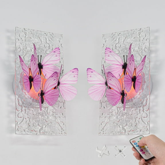 Kiven Battery Operated Wall Sconce with Remote Control,Acrylic Wireless Wall Sconces Indoor,Set of 2 Dimmable Wall Light for Hallway Bedroom Home Decor,Pink 3D Butterfly Wall Decor