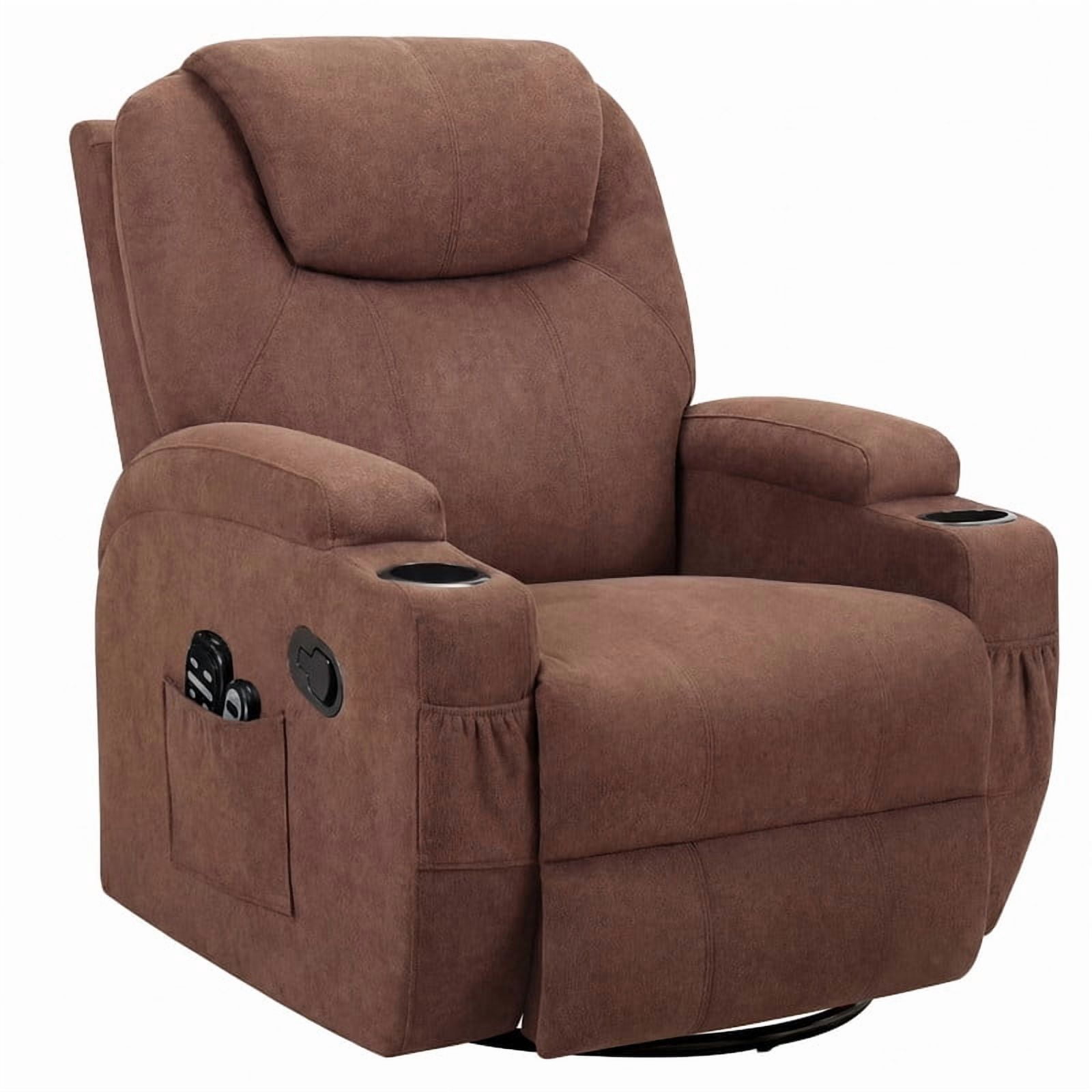 Lacoo PU Leather Swivel Rocker Recliner with Massage for Living Room Small Spaces Lounge Recliner Chair with Side Pockets for Adults,Linen Brown