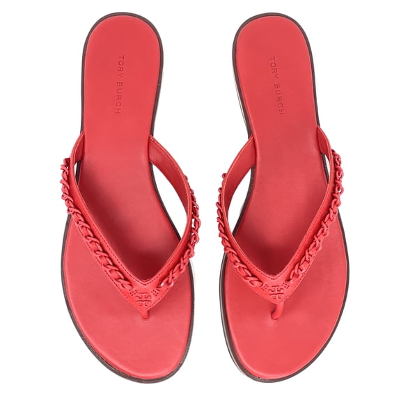 Tory Burch Women's Everly Chain Leather Thong Flat Sandals - Bearberry - Size 9