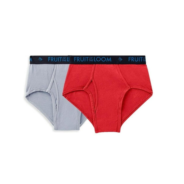 Trusa Fruit Of The Loom para Hombre, Breathable Algodón Multicolor 2 Piezas Talla CH, dos trusas con corte a la cintura en rojo y gris claro, hechas de malla de algodón transpirable que absorbe la humedad, con bragueta tradicional y elástico ancho negro con logo azul, diseñadas para mantener frescura y soporte durante todo el día, ideales para uso diario.