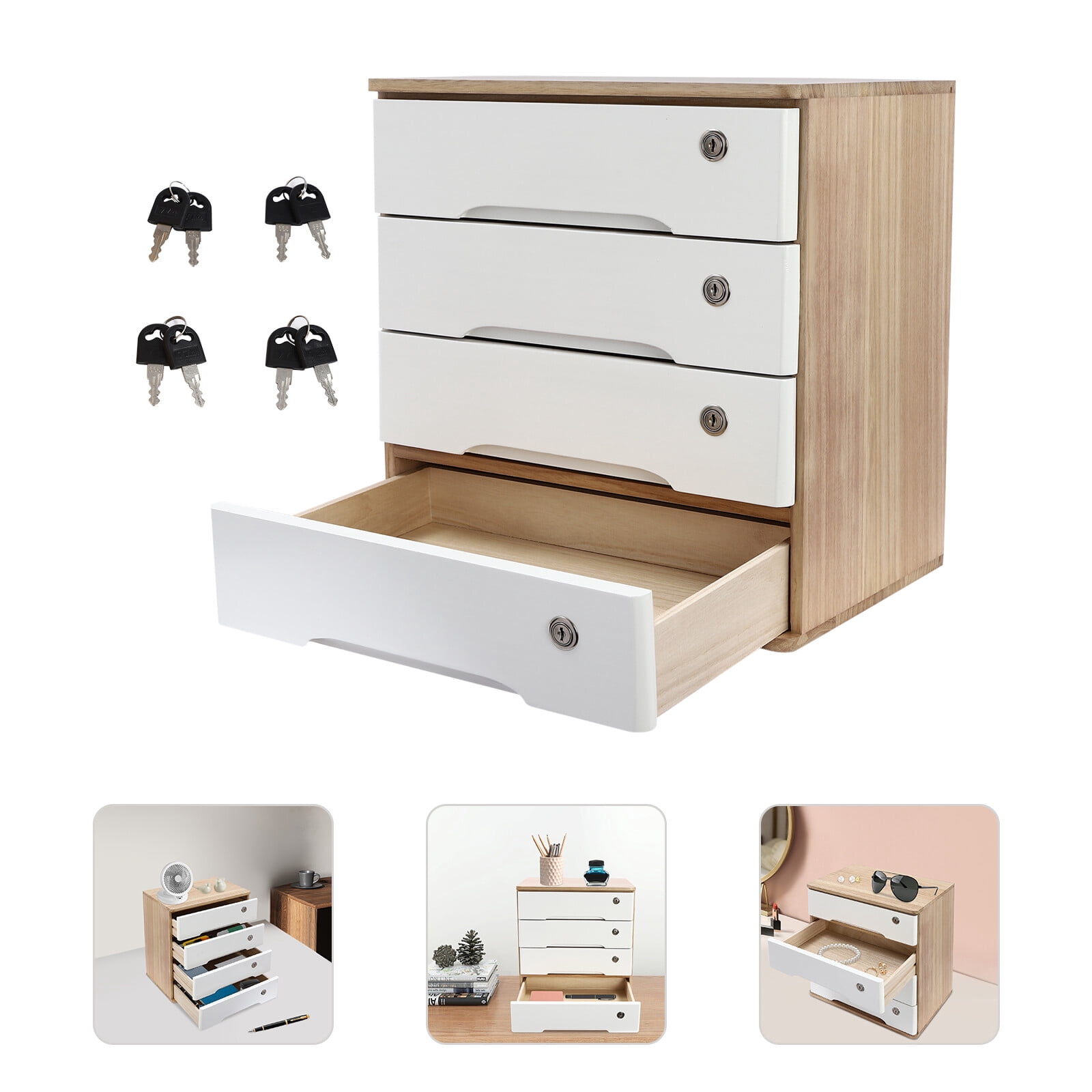 4 Tier Wooden Desktop Storage Box with Lockable Drawers, Office Supplies File Organizer, Art Storage Cabinets, Multipurpose Tool Box for Home Office(Wood Color + White)