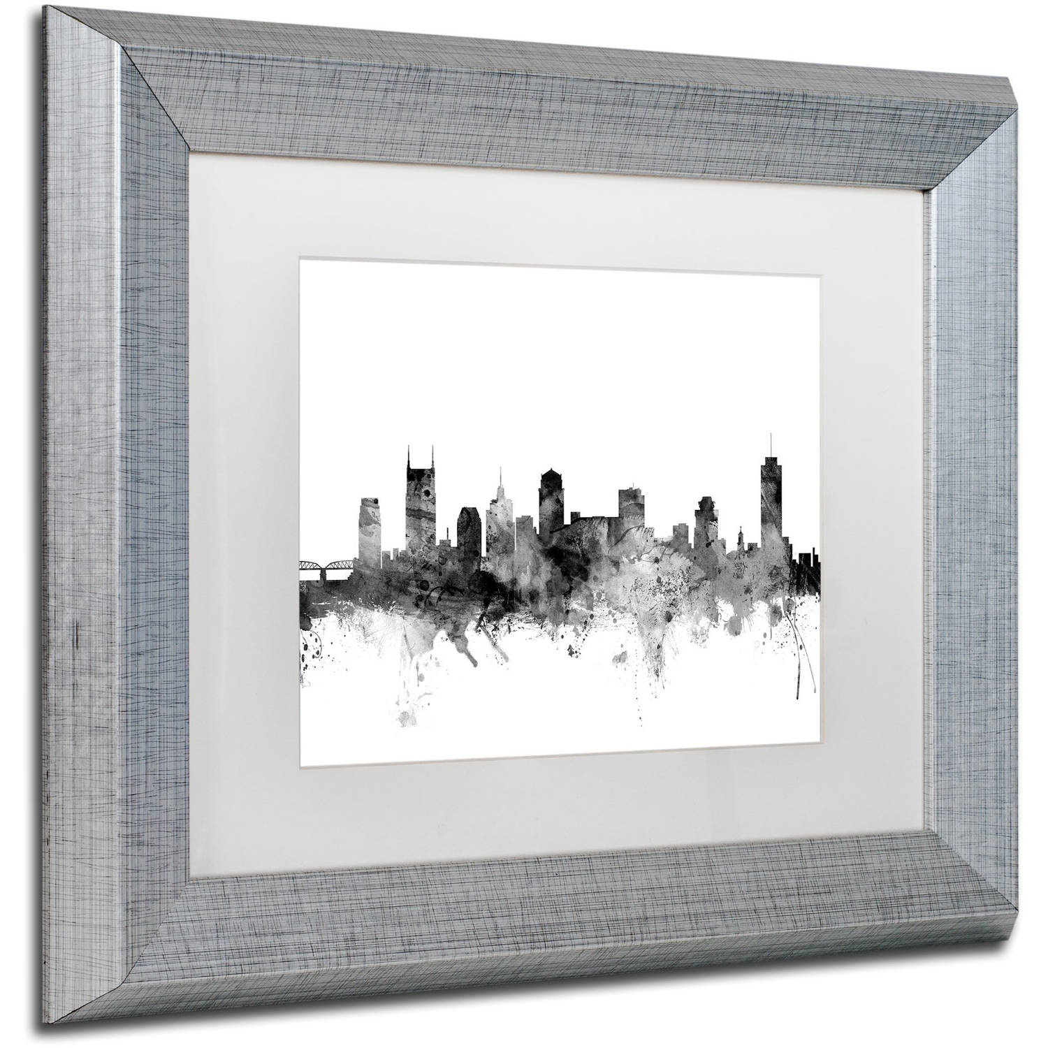 Trademark Fine Art "Nashville TN Skyline B&W" Canvas Art by Michael Tompsett, White Matte, Silver Frame