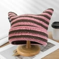 thumbnail image 4 of Women's Handmade Crochet Cat Ear Beanie - Knit Winter Hat with Vintage Goth Vibe, Cozy Cold-Weather Headwear, Distinct Cat Ear Design,Pink,One Size,Dailypoc, 4 of 5