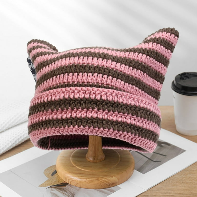 帽子 y.a.r.n 3D CROSS KNIT EARBEANIE LEKODE Womens Striped Crochet Knit Cat Ears Beanie, Cute 3D Kitten