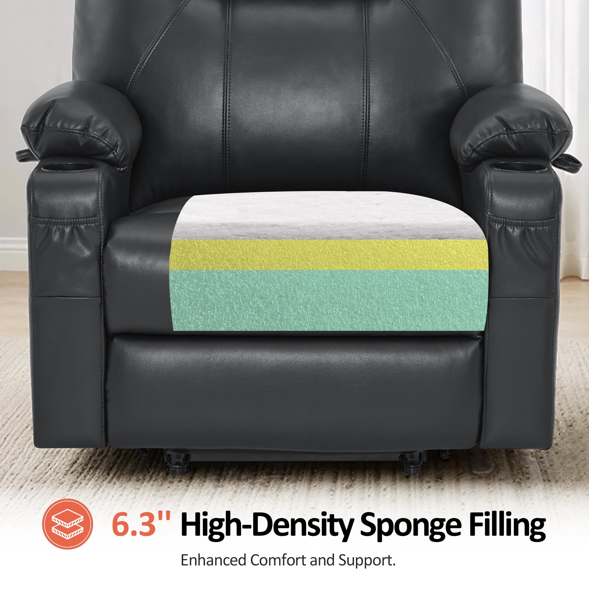 MCombo Medium-Wide Power Lift Recliner Chair Sofa with Massage and Heat for Elderly People, Cup Holders, USB&Type C Ports, Side Pockets, Faux Leather (Black, Medium-Wide)