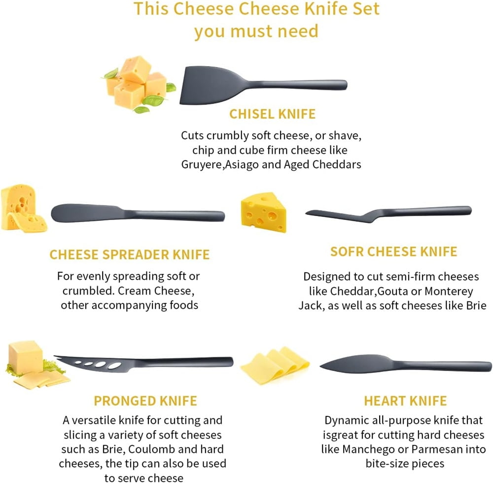 Cheese Knife Set of 5 for All Types of Cheese, NOGIS Stainless Steel Cheese Cutter Slicer Ergonomic Design for Confortable Grip and Cut, Butter Spreader Knife (Black)