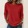 thumbnail image 5 of Womens Tops 3/4 Sleeve Shirts Round Neck Loose Casual Blouses Solid Color Tshirts Red 2XL, 5 of 6