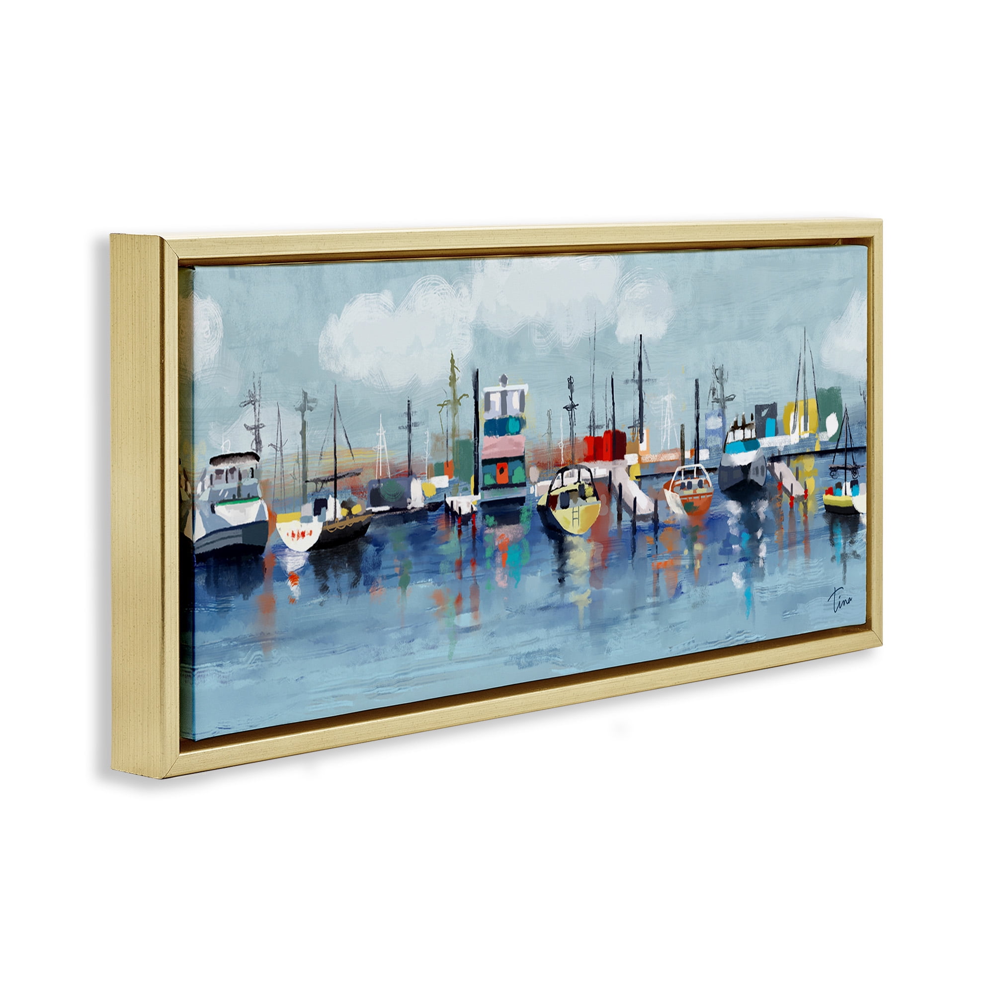 Stupell Industries Varied Boats Docked Port Marina Nature Painting Gold Floater Framed Canvas Art Print Wall Art, 25 x 11