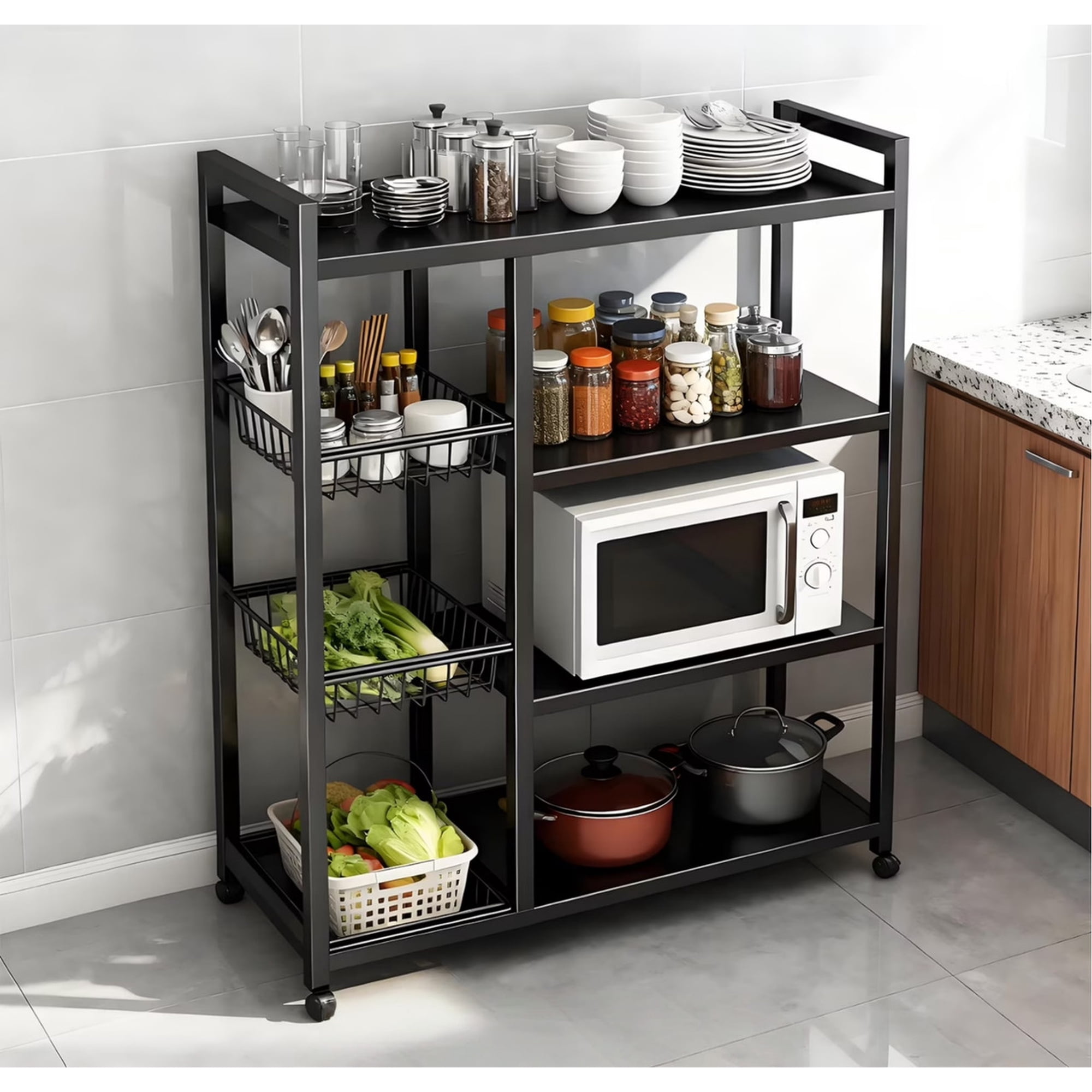 Howcool Movable Kitchen Rack w/ Wheels, Heavy-Duty 4-Tier Storage Cart w/ 3 Mesh Baskets , Metal Shelf Organizer