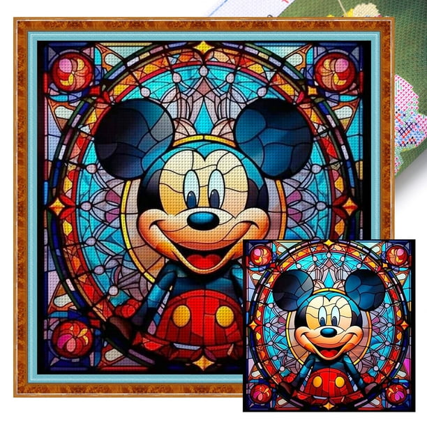 Hilo Algodón Bordado Punto Cruz Mickey Con Vidrieras 11CT 50x50cm