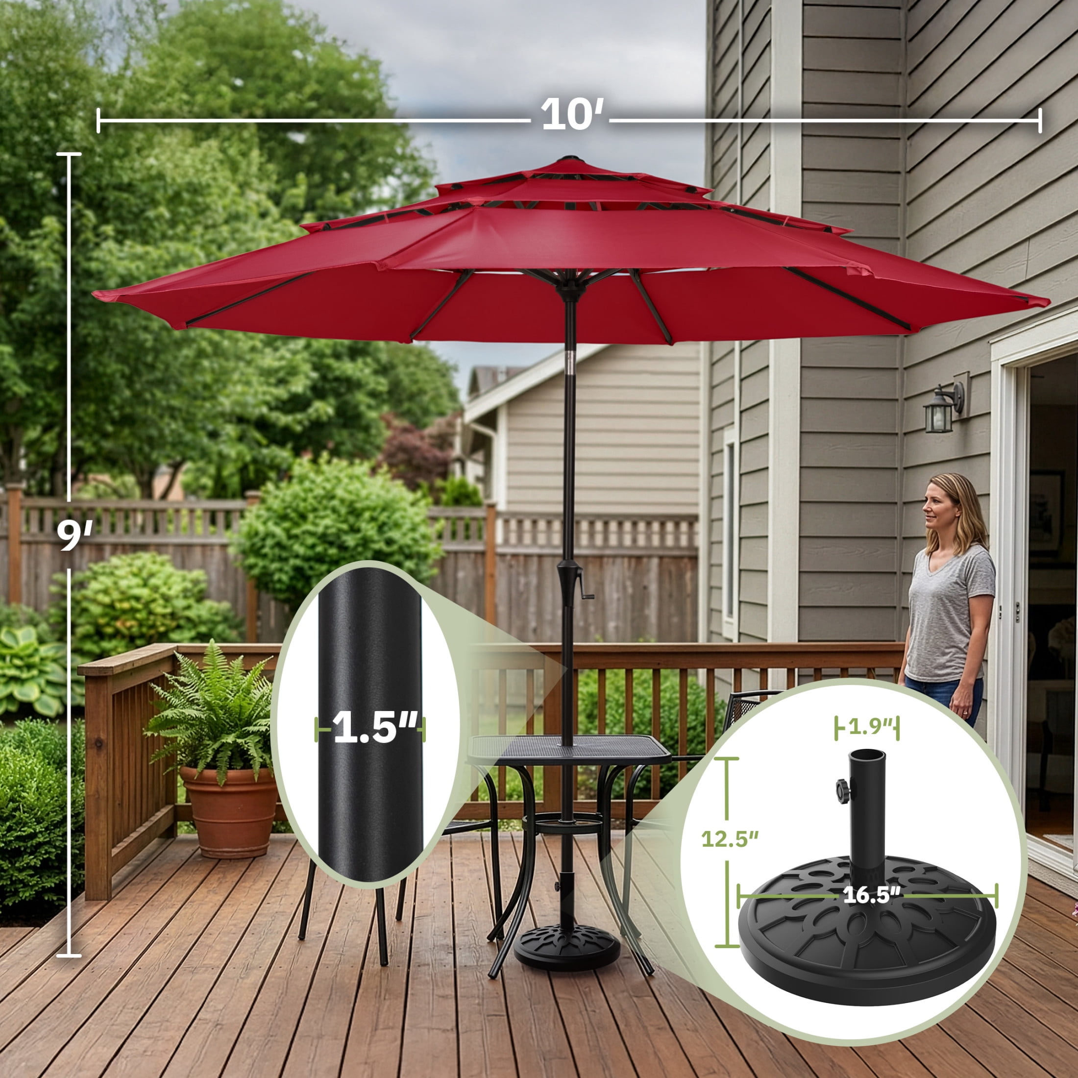 Pure Garden 10ft 3-Tier Umbrella for Patio Shade Canopy with 19lb Base, Maroon Red