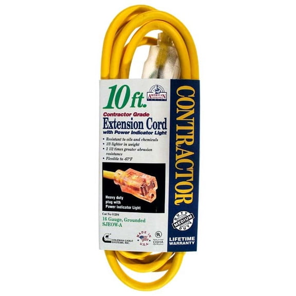 Coleman Cable 12940002 10' 16/3 Yellow American Contractor™ Outdoor Extension Cord