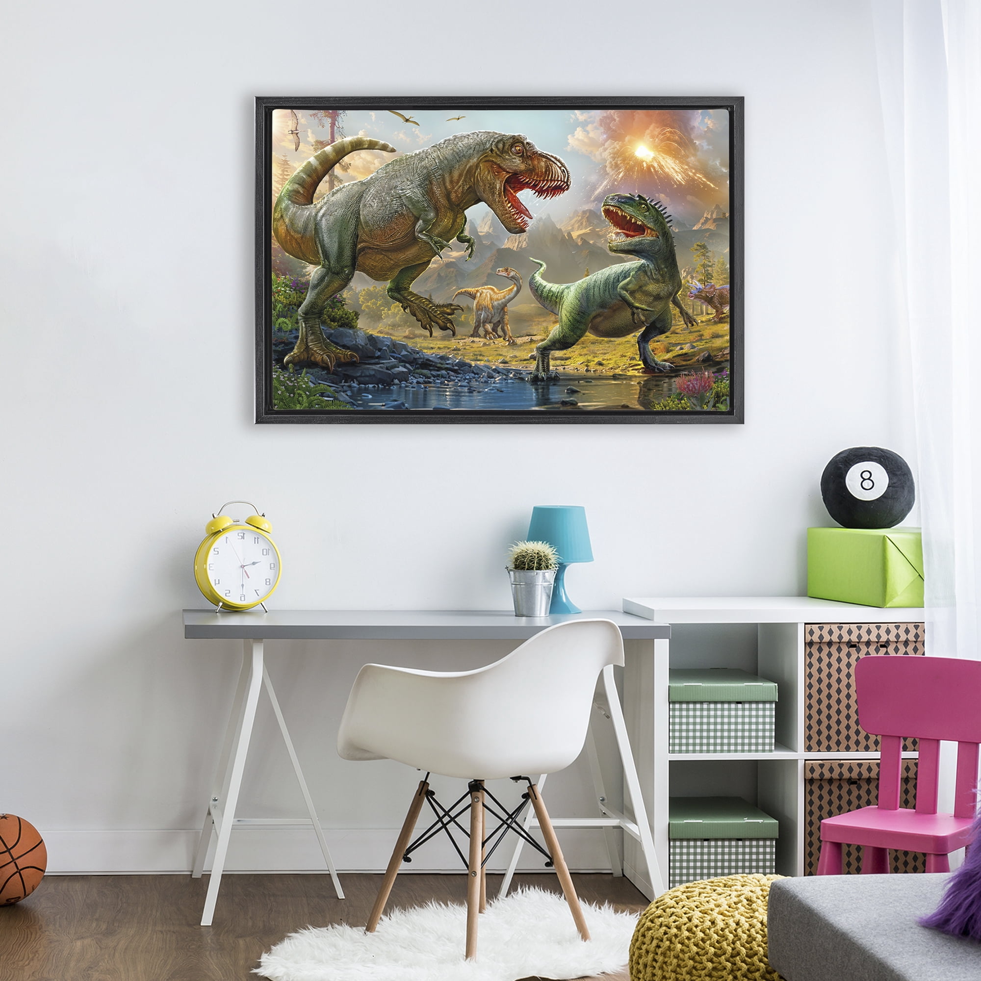 Stupell Industries T-Rex Encounter at Riverbank Black Framed Floater Canvas Wall Art, design by Henriette Chinaglia