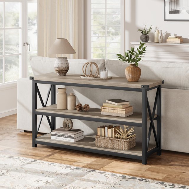 Yiwa 47 Inch Narrow Console Table, 3-Tier Wood Entryway Table with Storage, Long Sofa Table for Living Room, Hallway, Entrance**