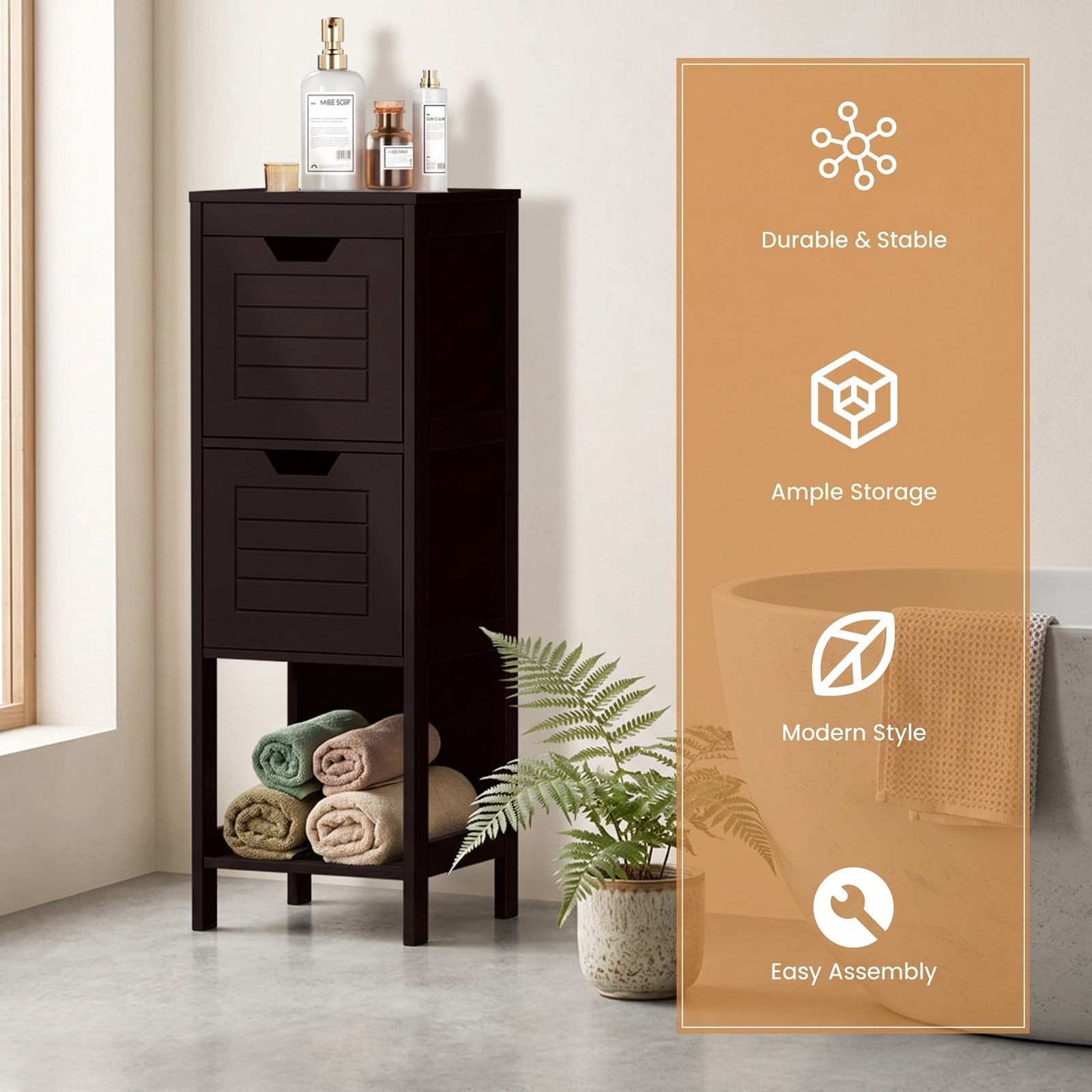 ALPULON Bathroom Wooden Floor Cabinet Multifunction Storage Rack Stand Organizer, Freestanding Storage Cabinet with 2 Drawers and 3 Open Shelves for Living Room, Brown