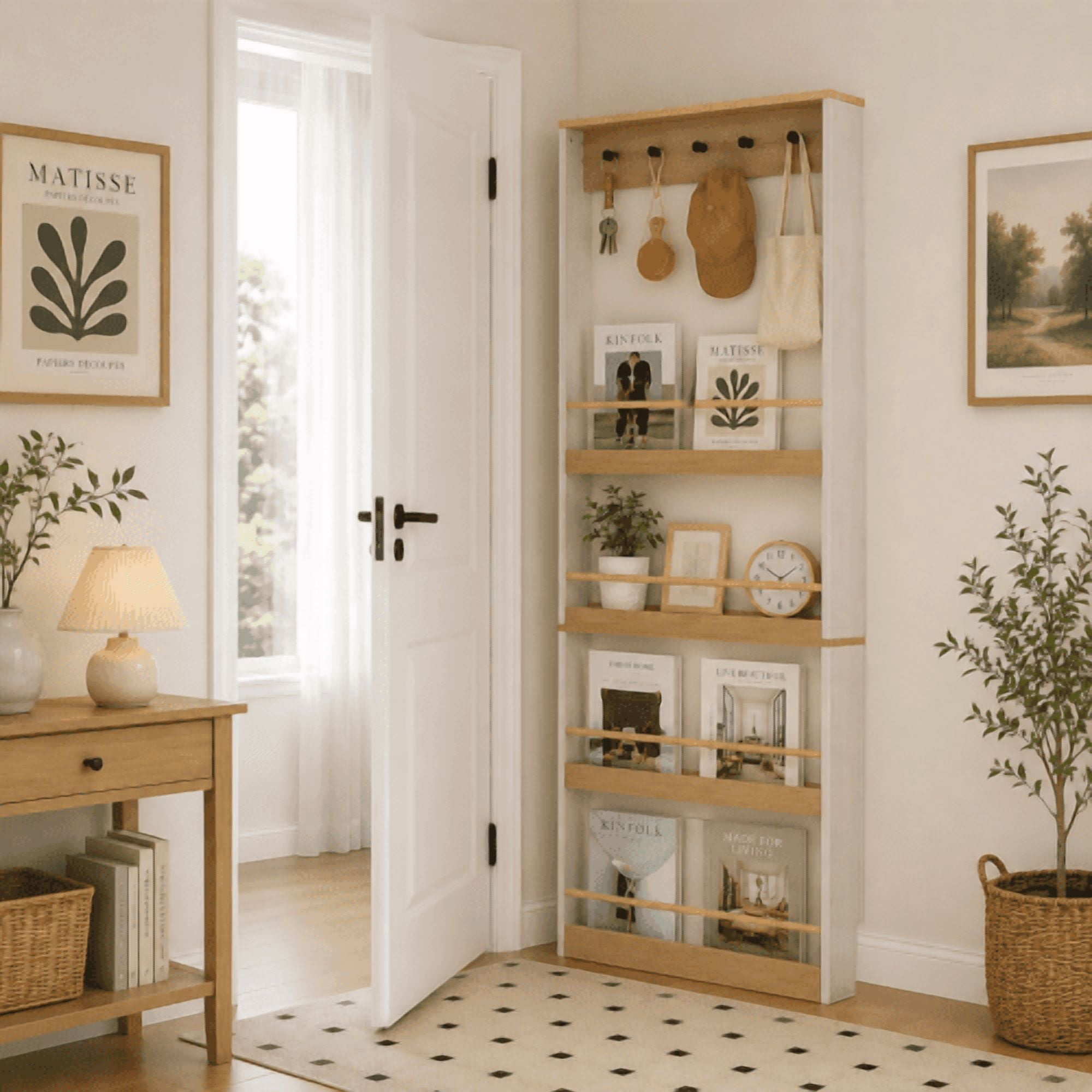70.87" Tall Bookcase behind the Door with 4 Shelves and 5 Hooks, Space-Saving Narrow Storage Cabinet for Living Room, Bedroom, Hallway, Antique White